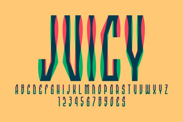 Poster - Juicy display font. Artistic pink green blue letters, numbers and currency signs. Isolated vector english alphabet.