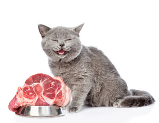 Poster - Happy cat sits with raw meat. isolated on white background