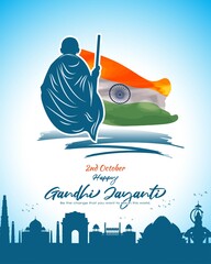 Wall Mural - Vector illustration of Gandhi Jayanti, Mahatma Gandhi, national holiday of India, 2nd October, india flag, indian monuments silhouette, banner with english text.