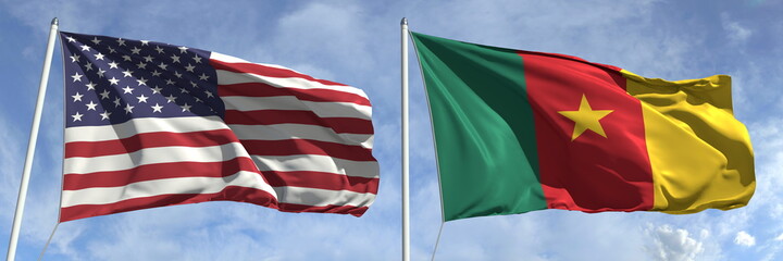 Wall Mural - Waving flags of the USA and Cameroon on flagpoles, 3d rendering