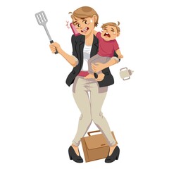 Sticker - Working mom taking care of crying son.