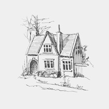 Hand-drawn Old English House, Manor. Sketch Of Traditional European Architecture Of The 19th Century. Vector Illustration On A Light Background.