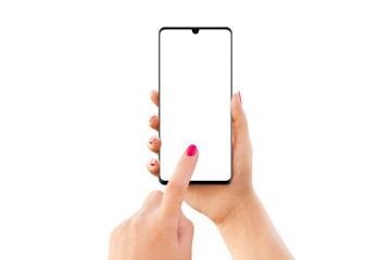 Leinwandbilder - Phone mockup in girl hand with touching hand concept. Isolated screen and background. Modern smart phone with thin edges. Vertical position