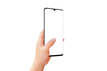 Aufkleber - Isolated phone mockup in woman hand with thumb finger on display screen. Side position of smart phone. Scroll concept