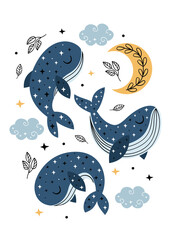 Wall Mural - poster with celestial whales, moon and clouds - vector illustration, eps