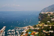 View Of The Panorama Of The Amalfi Coast Between Positano And Amalfi, In Campania, Italy. This Is Frequented By Tourists From All Over The World To Visit The Scenery, The Sea And The Beaches.