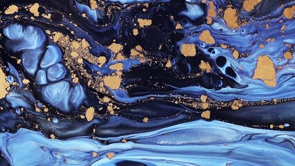 Wall Mural - Fluid art drawing video, trendy acryl texture with flowing effect. Liquid paint mixing backdrop with splash and swirl. Detailed background motion with blue, golden and navy blue overflowing colors