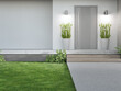 New house with gray door and empty white wall. 3d rendering of green grass lawn in modern home.