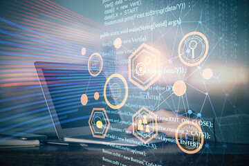 Aufkleber - A man working on Laptop with technology theme drawing. Concept of big data. Double exposure.
