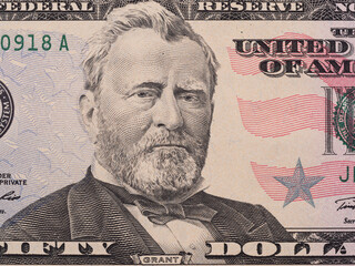 Wall Mural - Fifty dollar bill macro, 50usd, president Ulysses Grant portrait, united states money closeup