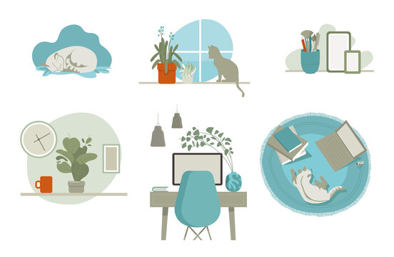 Working at home, concept illustration. . People at home in quarantine. Interior decoration atmosphere

