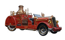 Retro Car Steampunk Fire Department. Concept Illustration Realism On The Background Of The Road.