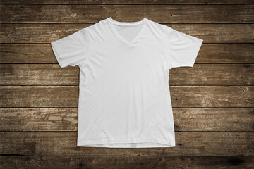 White t-shirt mockup on wood background template.