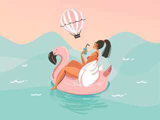 Sticker - Hand drawn vector stock abstract graphic illustration with a girl in a swimsuit swimming with a pink flamingo rubber ring isolated on ocean wave background