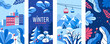 Vector set of winter illustrations with snowy city, forest, mountain, trees and leaves. Vertical banners for social networks. Wallpaper for a phone. Greeting Cards.