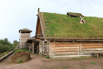 Wall Mural - Details of wooden building with grass on roof