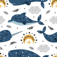 Wall Mural - seamless pattern with blue dolphin, cachalot and narwhal in the sky