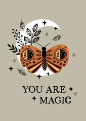 Wall Mural - magic poster with bohemian moth on the moon