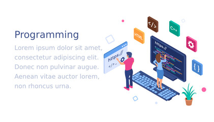 Wall Mural - 
Web programming in isometric illustration 
