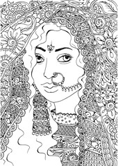 Wall Mural - Portrait of Indian woman in saree, ornamental adult coloring book page, zentangle style coloring page