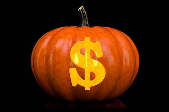 Dollar Symbol carved in pumpkin. Halloween font on black background, 3D rendering