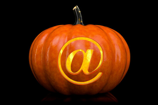 Email Symbol carved in pumpkin. Halloween font on black background, 3D rendering
