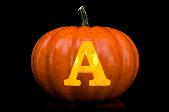 Glowing Letter A carved in pumpkin. Halloween font on black background, 3D rendering