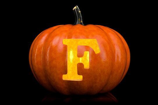 Glowing Letter F carved in pumpkin. Halloween font on black background, 3D rendering