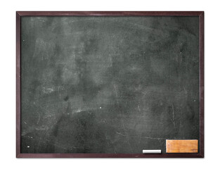 Teacher day concept: Grunge old wood black board, white chalk, eraser isolated on white background