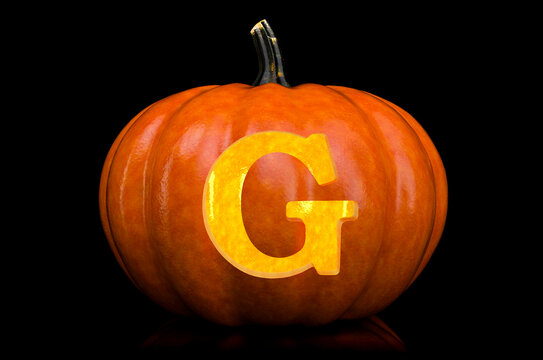 Glowing Letter G carved in pumpkin. Halloween font on black background, 3D rendering