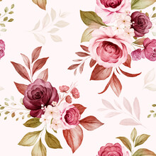 Floral Seamless Pattern Of Burgundy And Peach Watercolor Roses And Wild Flowers Arrangements On White Background For Fashion, Print, Textile, Fabric, And Card Background