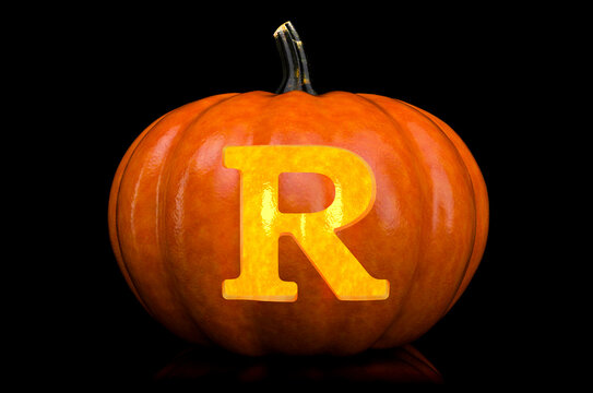 Glowing Letter R carved in pumpkin. Halloween font on black background, 3D rendering