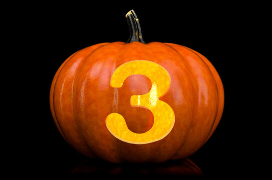 Number 3 carved in pumpkin. Halloween font on black background, 3D rendering
