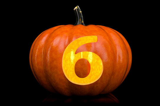 Number 6 carved in pumpkin. Halloween font on black background, 3D rendering