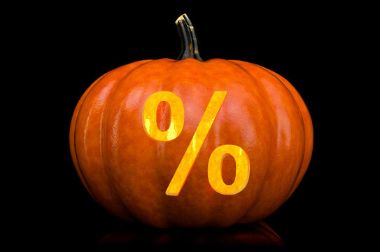Percent Symbol carved in pumpkin. Halloween font on black background, 3D rendering