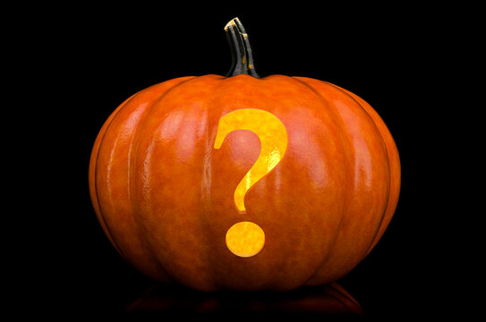 Question Mark carved in pumpkin. Halloween font on black background, 3D rendering