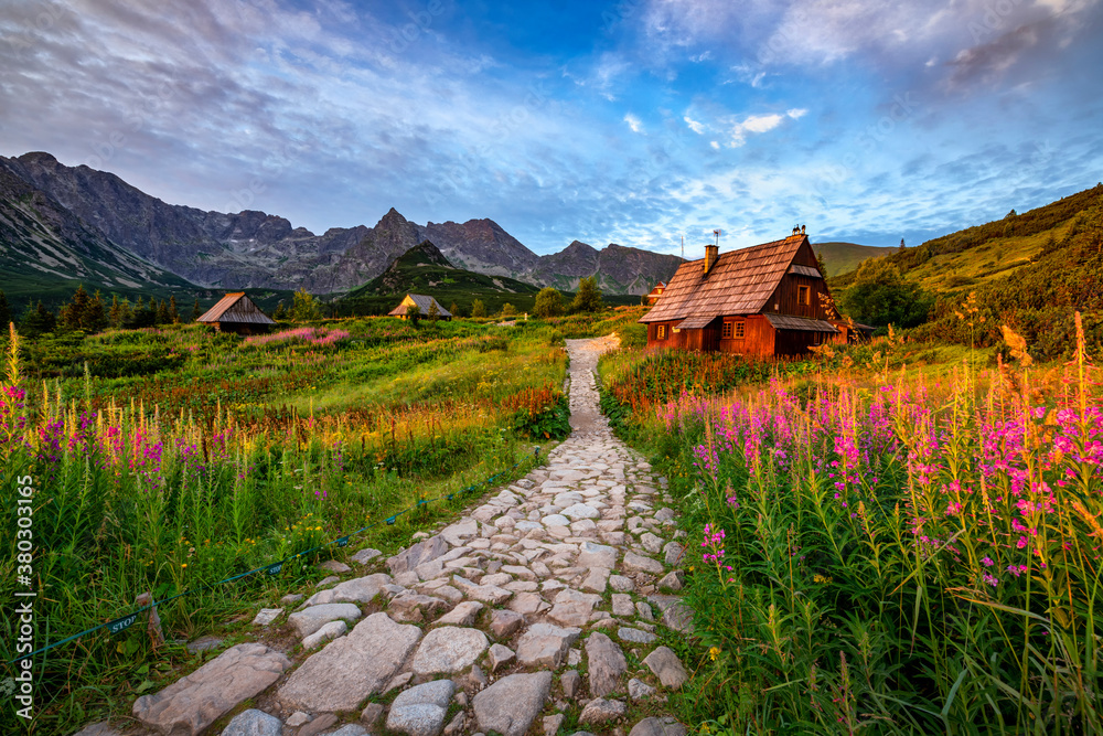 Beautiful summer sunrise in the mountains - Hala Gasienicowa in Poland - Tatras - obrazy, fototapety, plakaty 