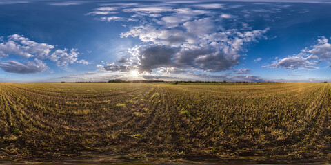 full seamless spherical hdri panorama 360 degrees angle view on among fields in summer evening with awesome clouds in equirectangular projection, ready for VR AR virtual reality content