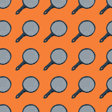 Bright Contrast Seamless Kitchen Pattern With Pans Figures. Dishware Grey Elements On Orange Background. Fry Dood Artwork.