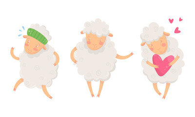 Canvas Print - Funny Sheep with White Wool Running and Holding Heart Vector Set