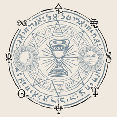 Sticker - Holy Grail with the Sun, Moon, alchemical and Masonic symbols. Vector hand-drawn banner in retro style on the theme of mysticism, magic, religion with cryptic esoteric signs written in a circle