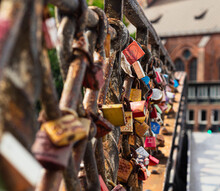 Colored Love Locks On A Bridge In Hamburg, Photographed Up Close.
