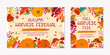 © Xenia Artwork  - Bundle of autumn harvest fest banners with pumpkins,mushrooms,eggplant,apple,zucchini,tomatoes,corn,beet,berries and floral elements.Local food fest design.Agricultural fair.Harvest season.