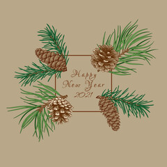 Wall Mural - Botanical frame with fir and pine branches and cones.Vector illustration. Beige background and colorful pattern.