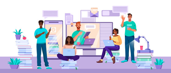 Wall Mural - Vector illustration with diverse students working and learning in internet at home. Online education and teamwork concept with tutor, laptops, screen,young people.Diverse students communication banner