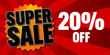 Super Sale poster, banner on red background. 20% off. Vector illustration.