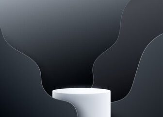 Poster - 3d podium vector background with black wave liquide shapes. realistic backdrop with light round pede