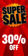 Super Sale poster, banner on red background. 30% off. Vector illustration.