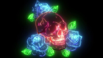 Sticker - Skull with flowers, with roses. digital neon video