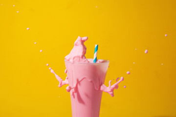 Wall Mural - glass of strawberry smoothie on yellow and pink background